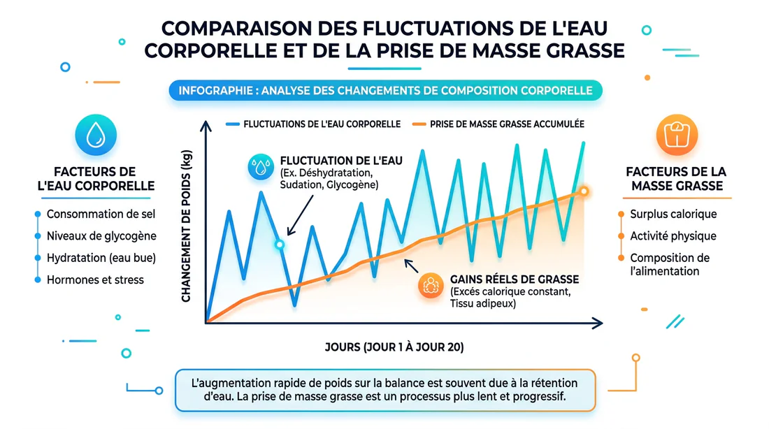 Graphique comparatif des variations de poids liées à l'eau et à la masse grasse