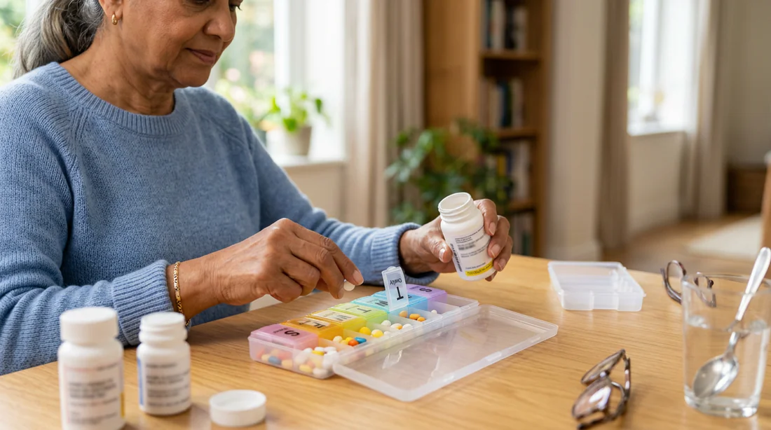 Organisation des médicaments dans un pilulier hebdomadaire