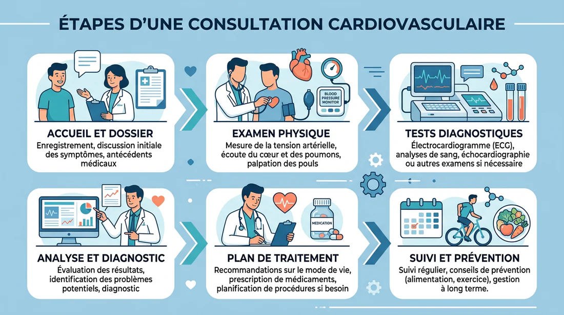 Infographie des étapes de la consultation cardiologique