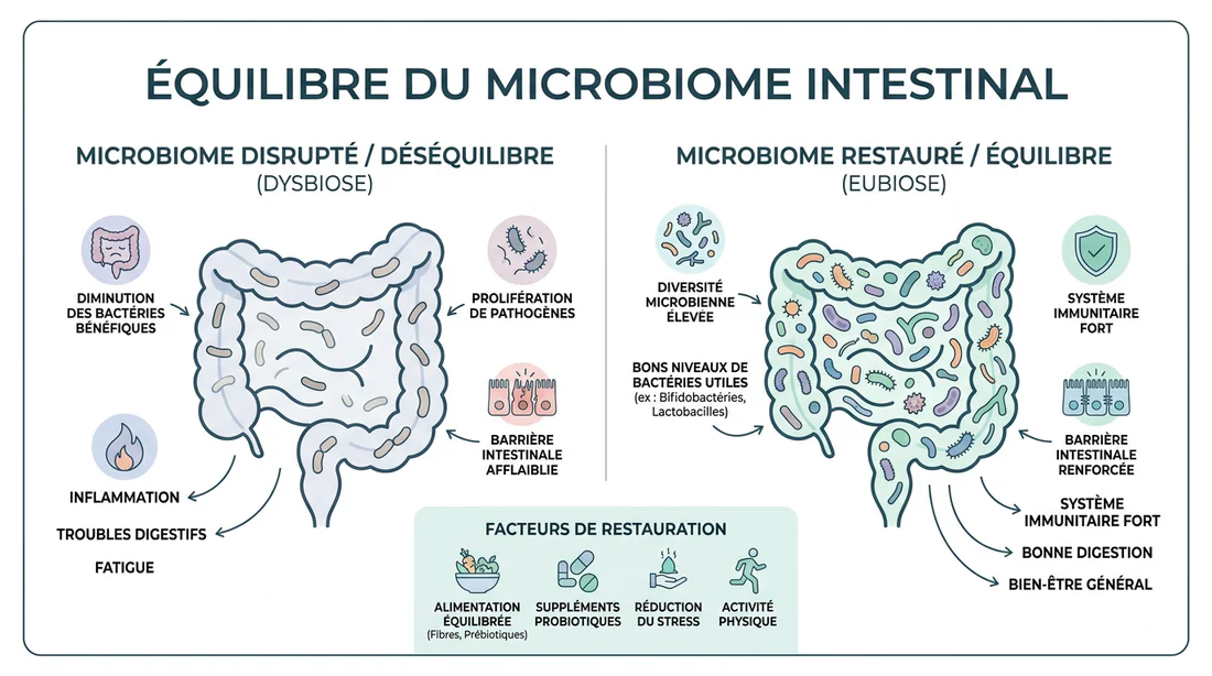 Infographie illustrant le rôle des probiotiques sur le microbiote intestinal