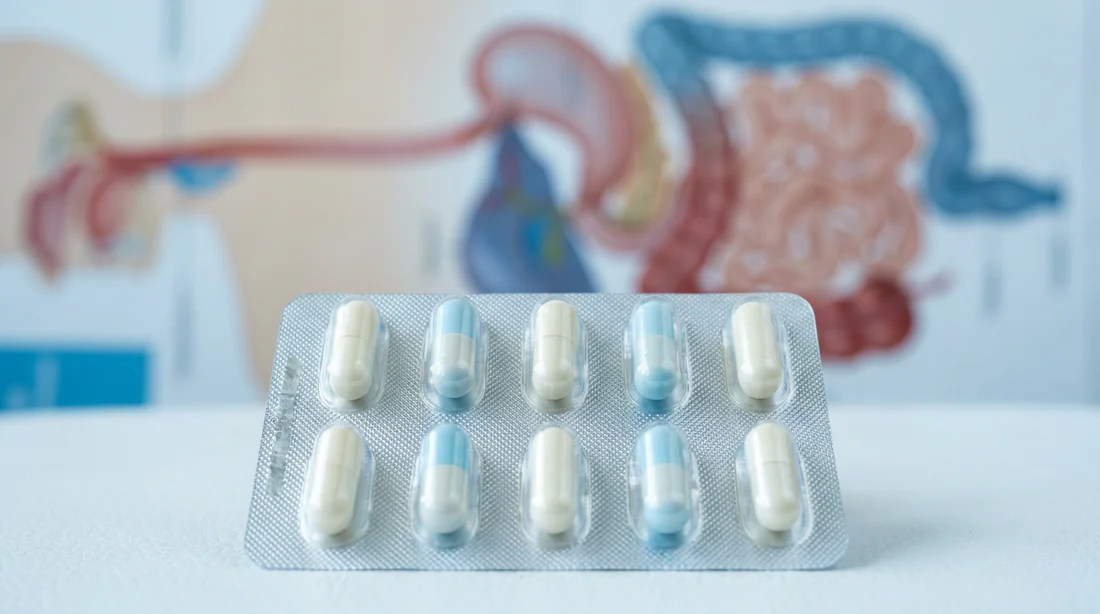 Gros plan sur un blister de gélules médicales avec le système digestif en arrière-plan