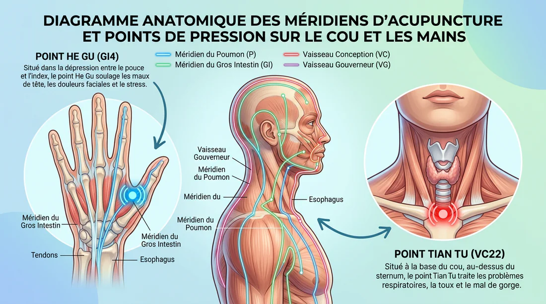 Schéma explicatif des points d'acupression Tian Tu et He Gu et des méridiens