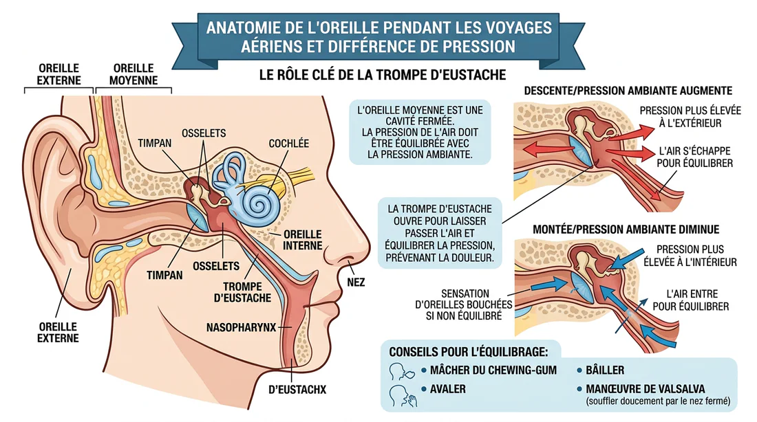 Schéma explicatif de la pression auriculaire dans l'avion