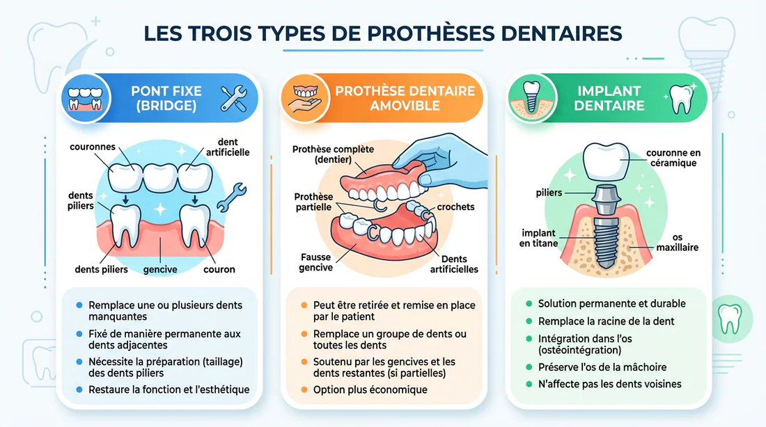 Infographie des différents types de prothèses dentaires
