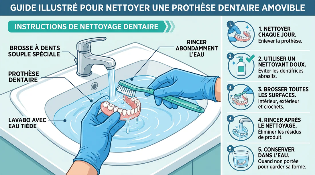 Schéma explicatif de nettoyage quotidien pour une prothèse dentaire amovible