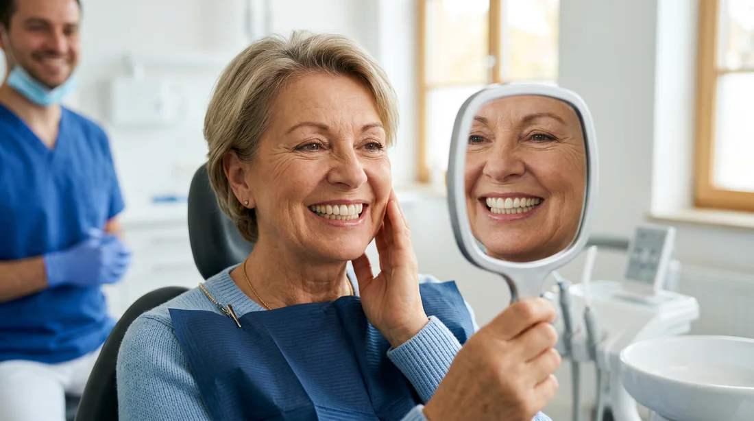 Patient affichant un sourire naturel avec une prothèse dentaire moderne