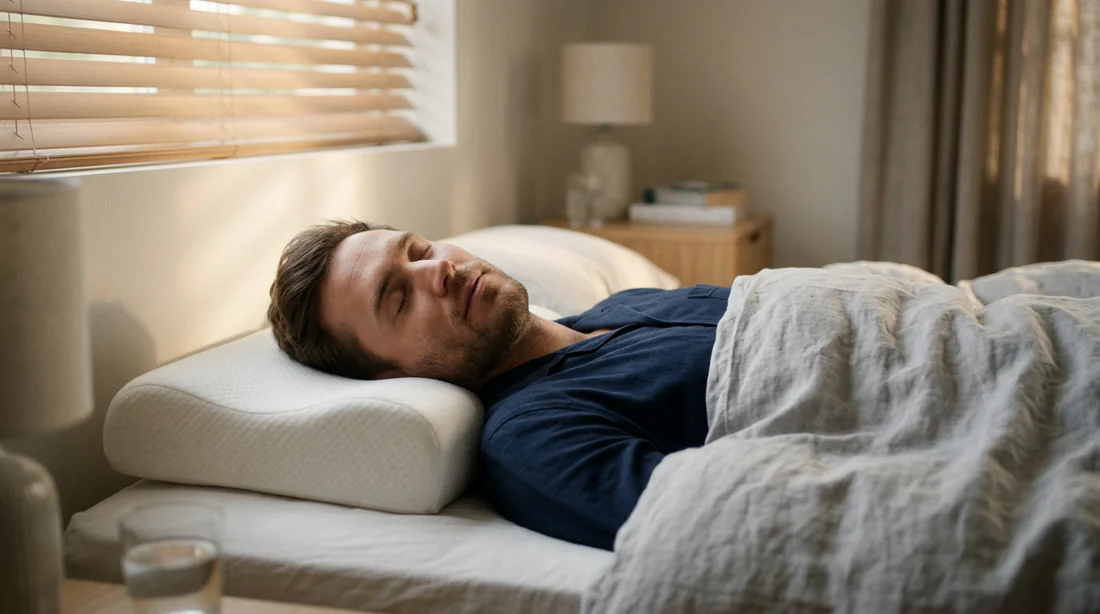 Homme dormant tranquillement sur le côté sur un oreiller ergonomique.