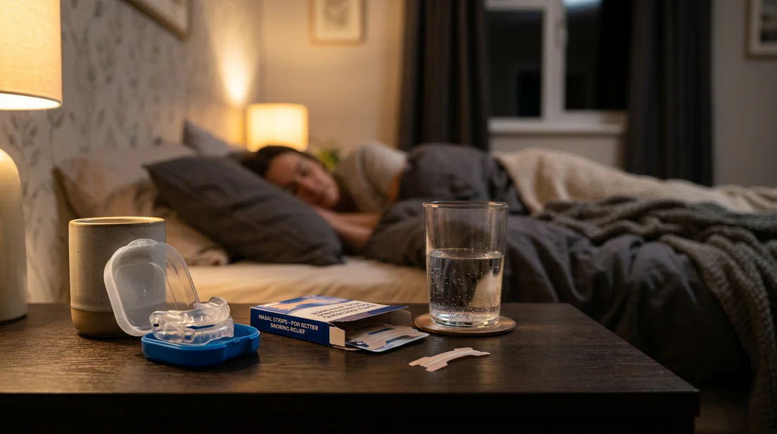 Accessoires et solutions anti-ronflement posés sur une table de chevet.