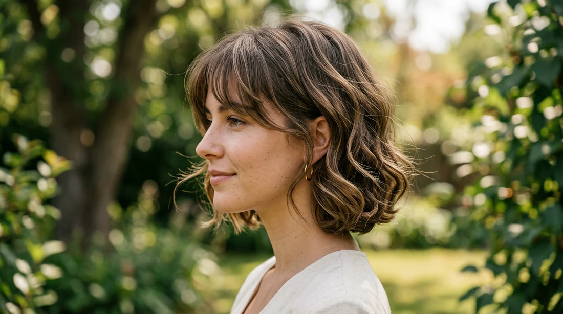 Coupe carré ondulé avec frange effilée adaptée à la forme du visage