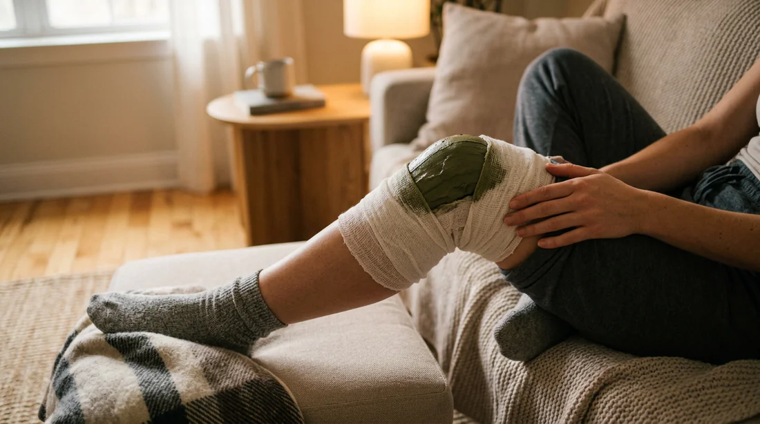 Pose d'une bande de tissu sur le cataplasme d'argile verte