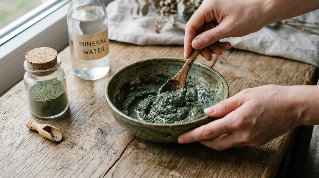 Préparation du mélange d'argile verte dans un bol en céramique