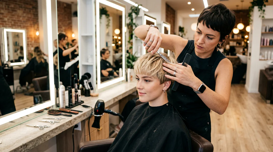 Coiffeur réalisant les finitions d'une coupe boule courte texturisée en salon.
