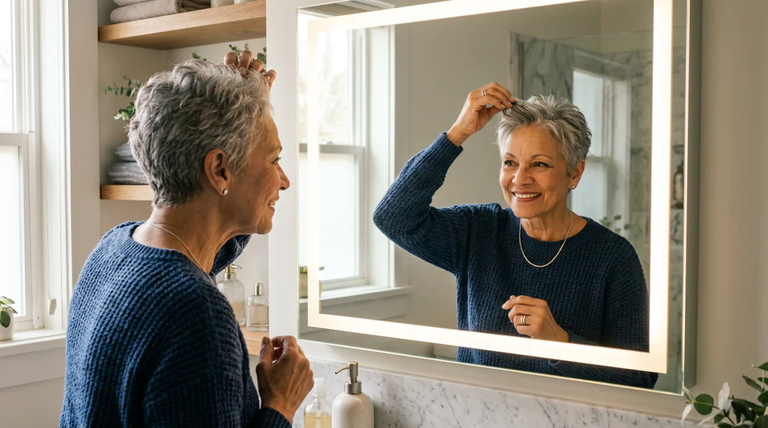 Femme senior ajustant sa coupe pixie courte devant un miroir lumineux