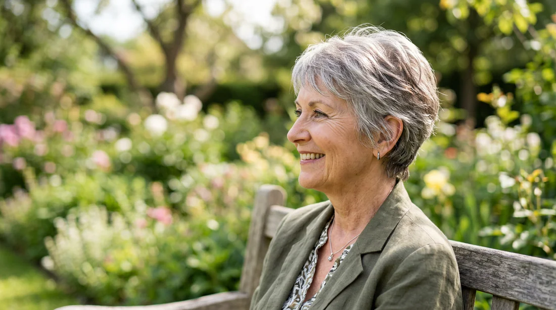 Profil de femme senior arborant une coupe courte dégradée sur cheveux poivre et sel