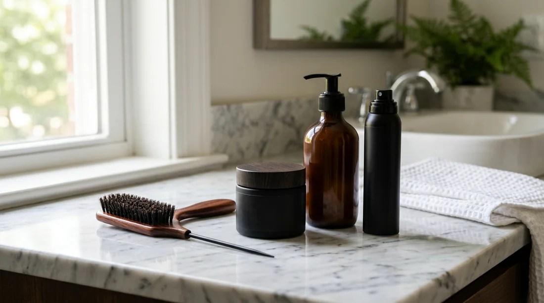 Produits de coiffage et cire texturisante pour cheveux courts sur plan en marbre