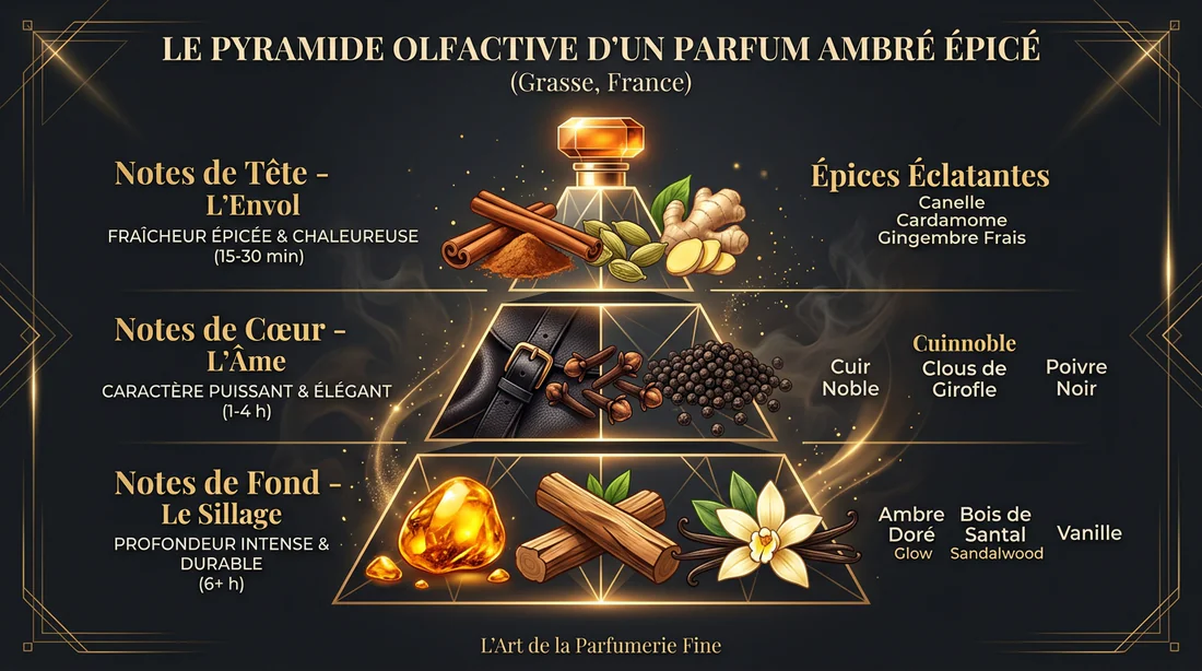 Schéma de la pyramide olfactive du parfum Magnetico avec ses notes de cannelle, cuir et ambre.
