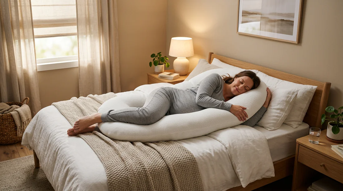 Femme enceinte se reposant sur le côté avec un coussin de maternité.