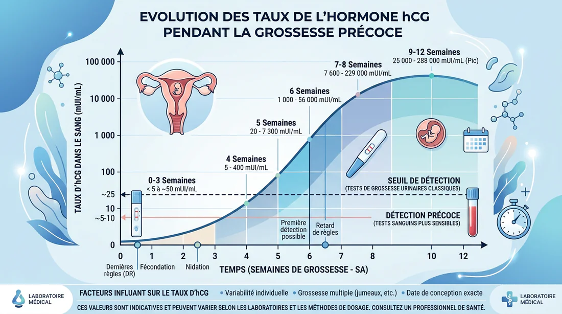 Schéma explicatif de l'évolution du taux de Béta-hCG lors d'un début de grossesse