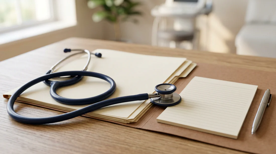 Stéthoscope et dossier médical sur un bureau de consultation