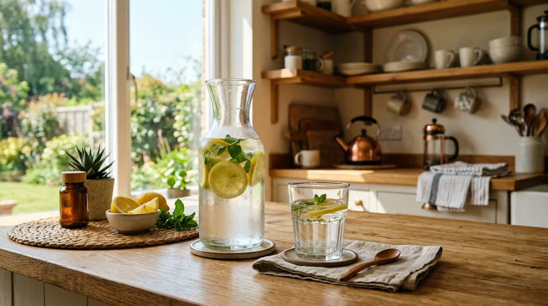 Préparation d'une eau citronnée matinale dans une cuisine lumineuse