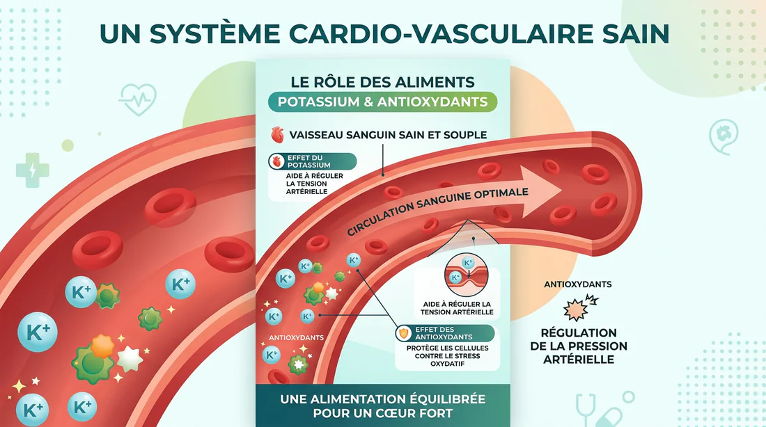 Schéma des mécanismes d'action des antioxydants et du potassium du citron sur les vaisseaux sanguins