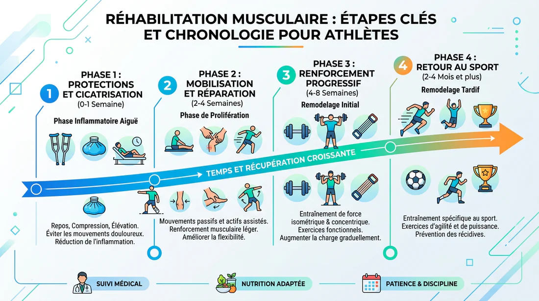 Infographie résumant les phases de la rééducation fonctionnelle sportive