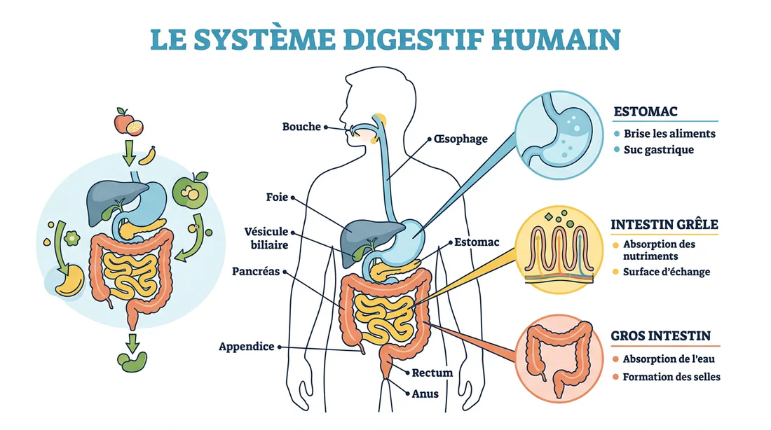 Schéma médical explicatif du système digestif et du transit intestinal