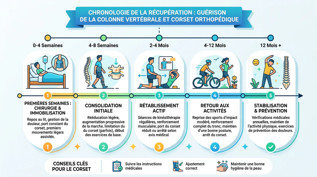 Infographie expliquant le processus de récupération et le port du corset vertébral