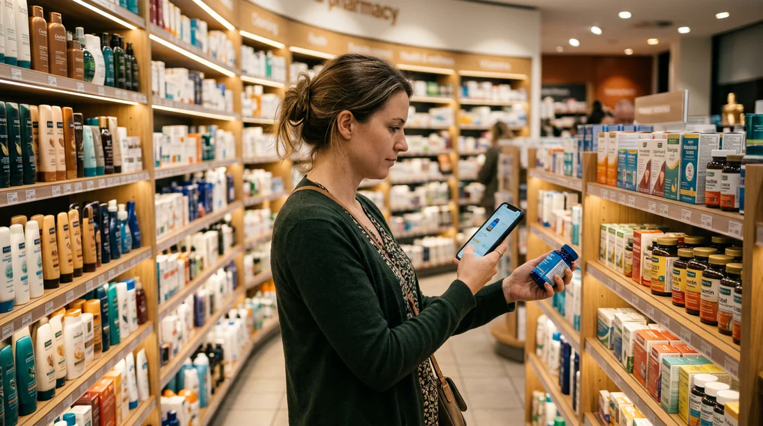 Client comparant les prix des produits de santé sur son téléphone en pharmacie