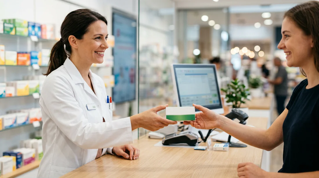Pharmacien donnant une boîte de soin au client au comptoir