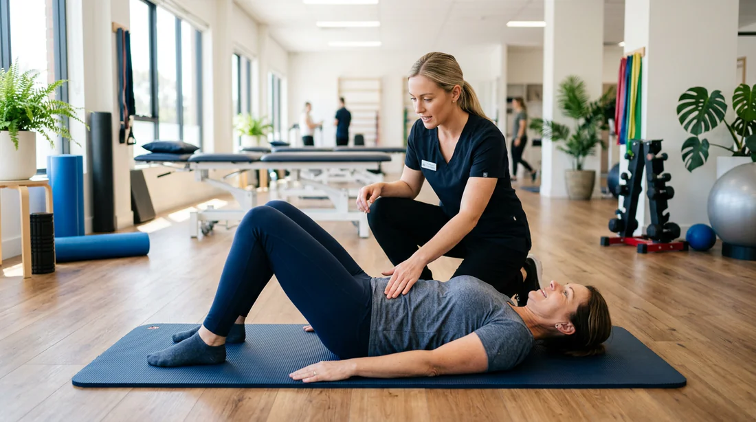 Séance de kinésithérapie avec exercices de stabilisation pelvienne