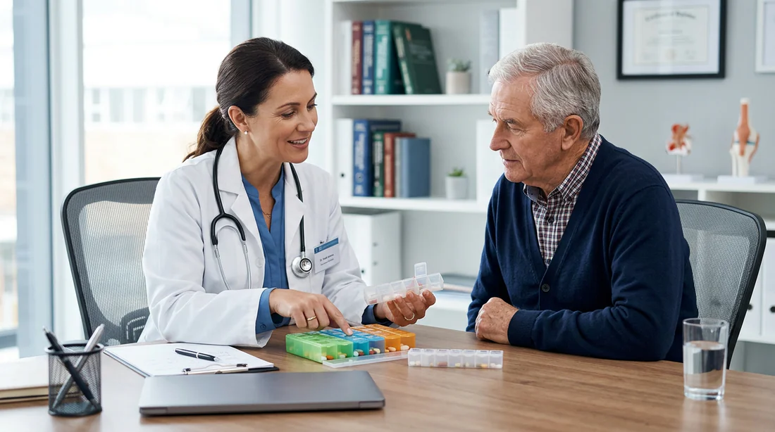 Médecin expliquant une ordonnance contenant antibiotique et antalgique