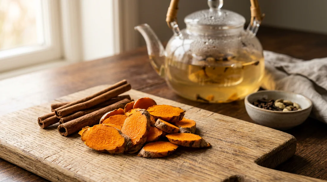 Préparation d'une infusion naturelle avec du curcuma frais et de la cannelle