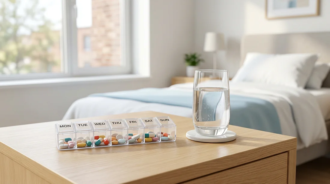 Organisation des médicaments dans un pilulier hebdomadaire