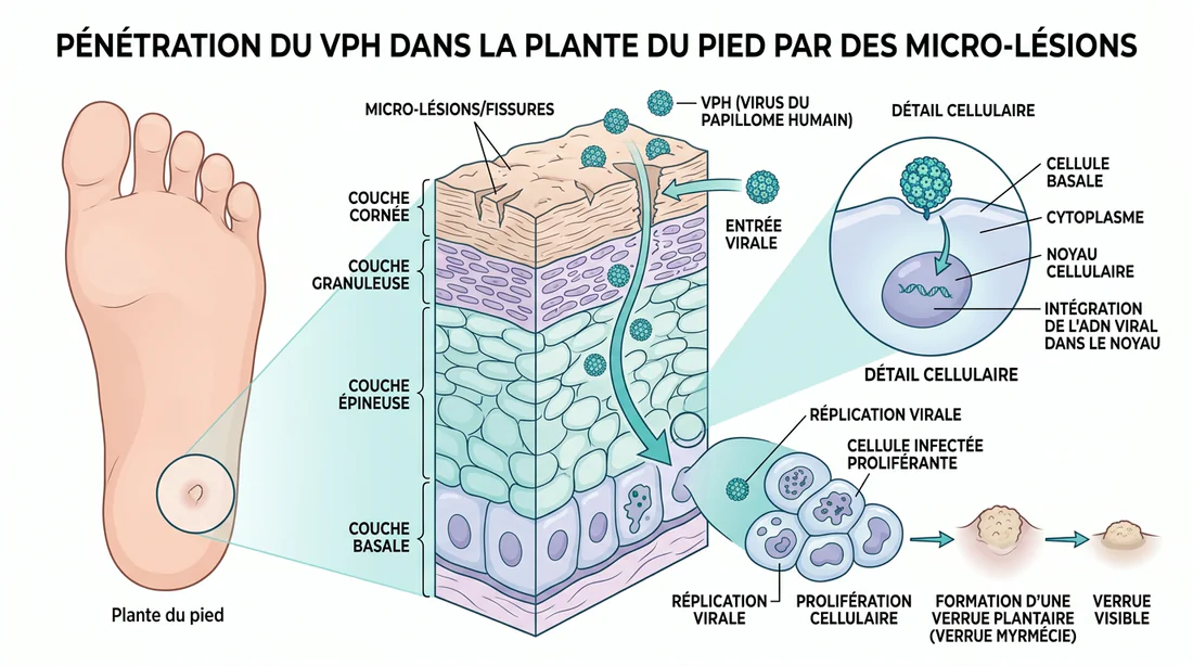 Schéma explicatif de la pénétration du virus HPV dans la peau du pied
