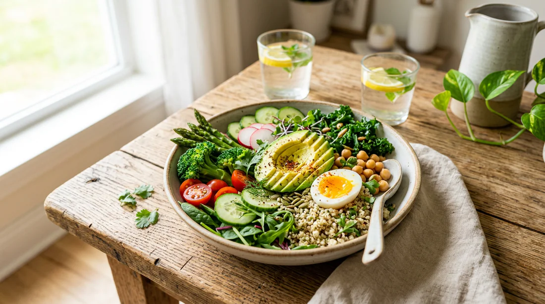 Assiette repas équilibrée et riche en nutriments pour préserver la santé du pancréas.
