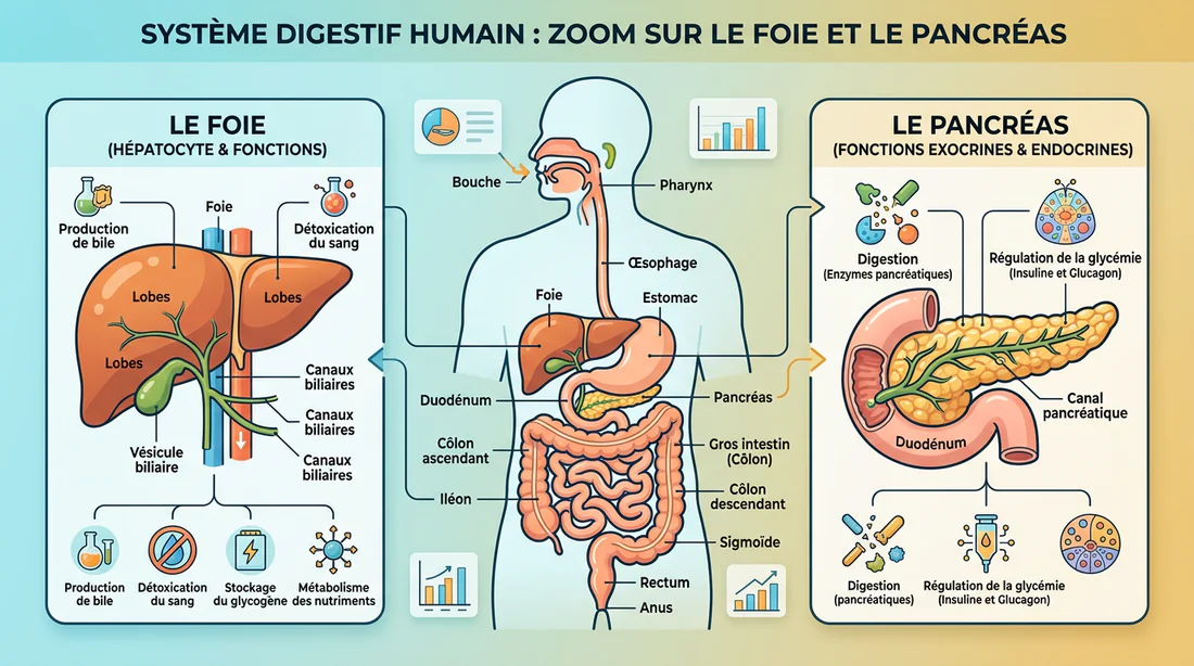 Infographie anatomique expliquant les rôles combinés du foie et du pancréas dans la digestion.