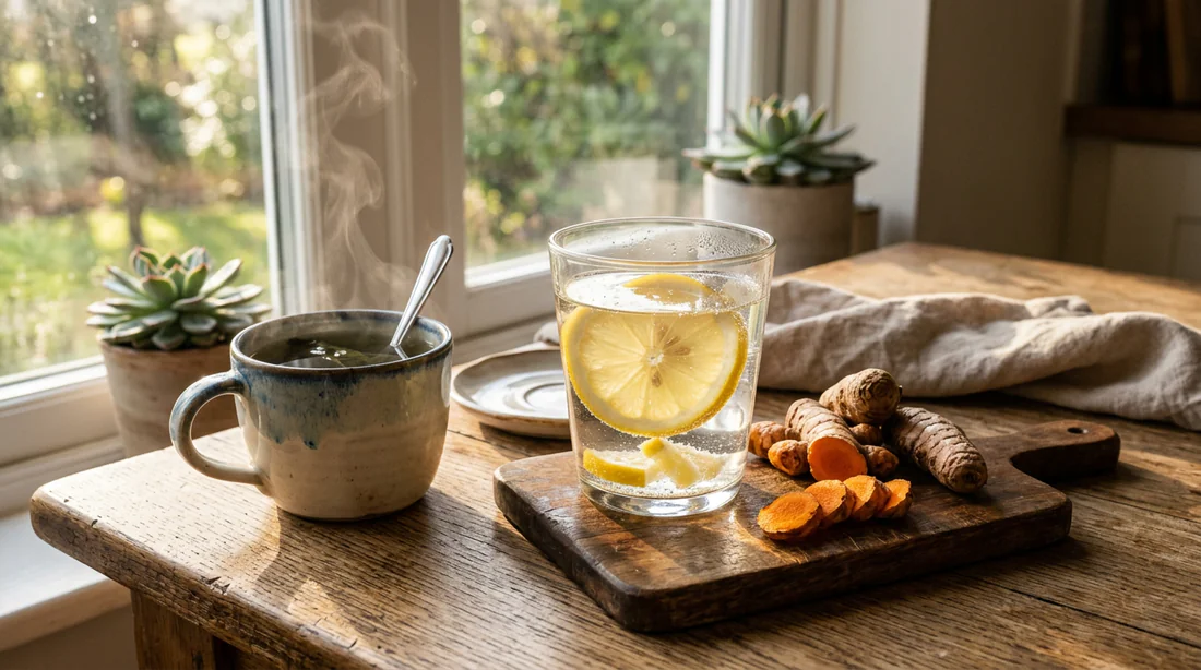 Verre d'eau tiède au citron et ingrédients naturels pour stimuler le foie dès le matin.
