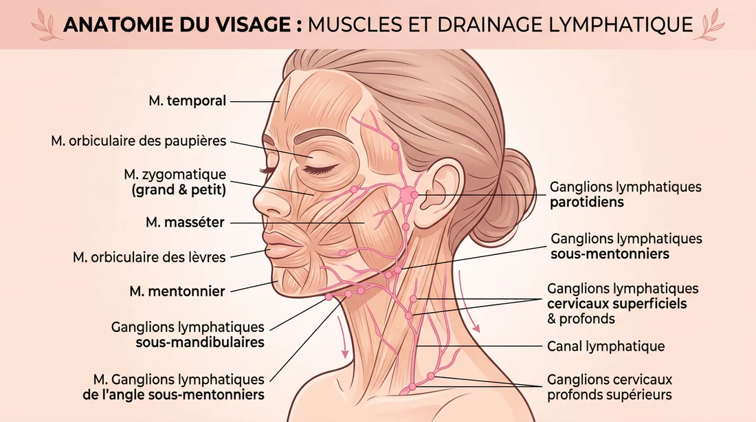 Infographie montrant le drainage lymphatique et les muscles de l'ovale du visage
