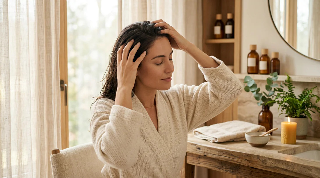 Massage stimulant du cuir chevelu avec un soin naturel au romarin