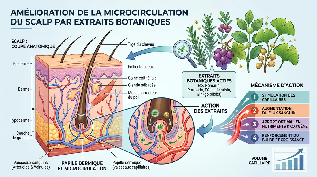 Schéma explicatif de l'action de l'eau de romarin sur le follicule pileux