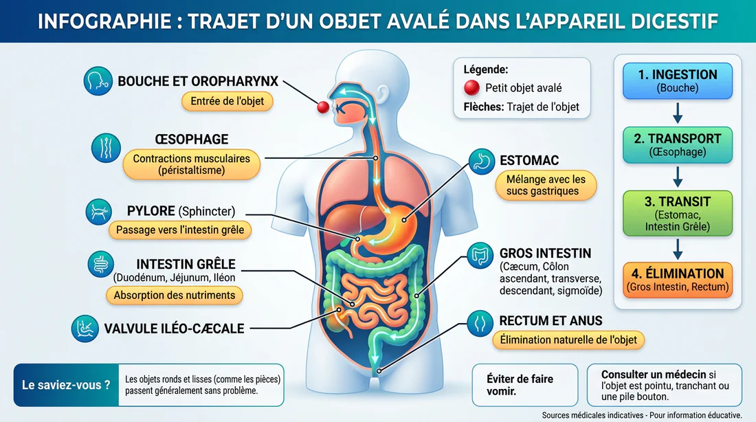 Infographie expliquant le parcours digestif d'un corps étranger dentaire