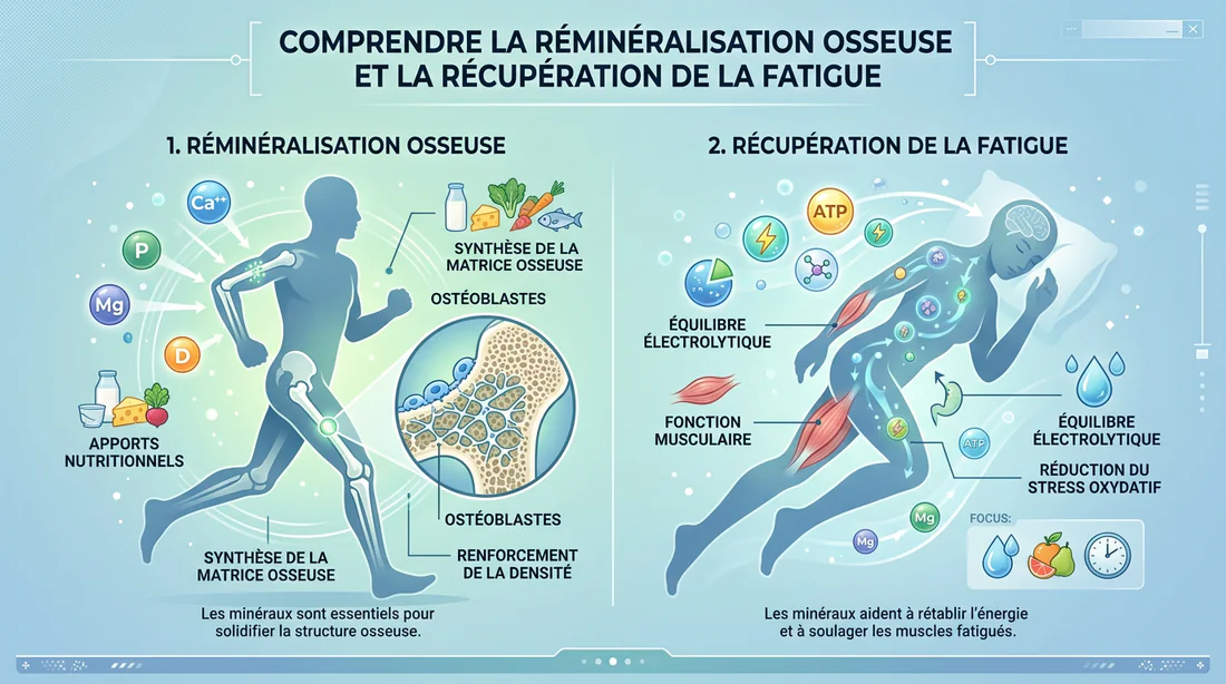 Infographie montrant les bienfaits de Rexorubia pour la réminéralisation et la fatigue